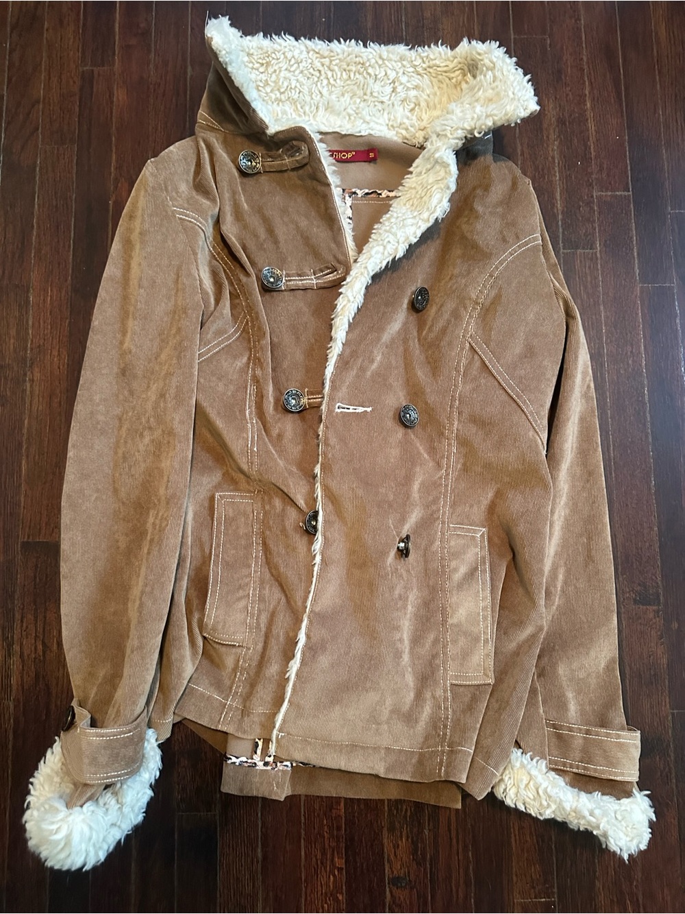 LeShop Tan Corduroy Sherpa Lined Toggle Coat Size M